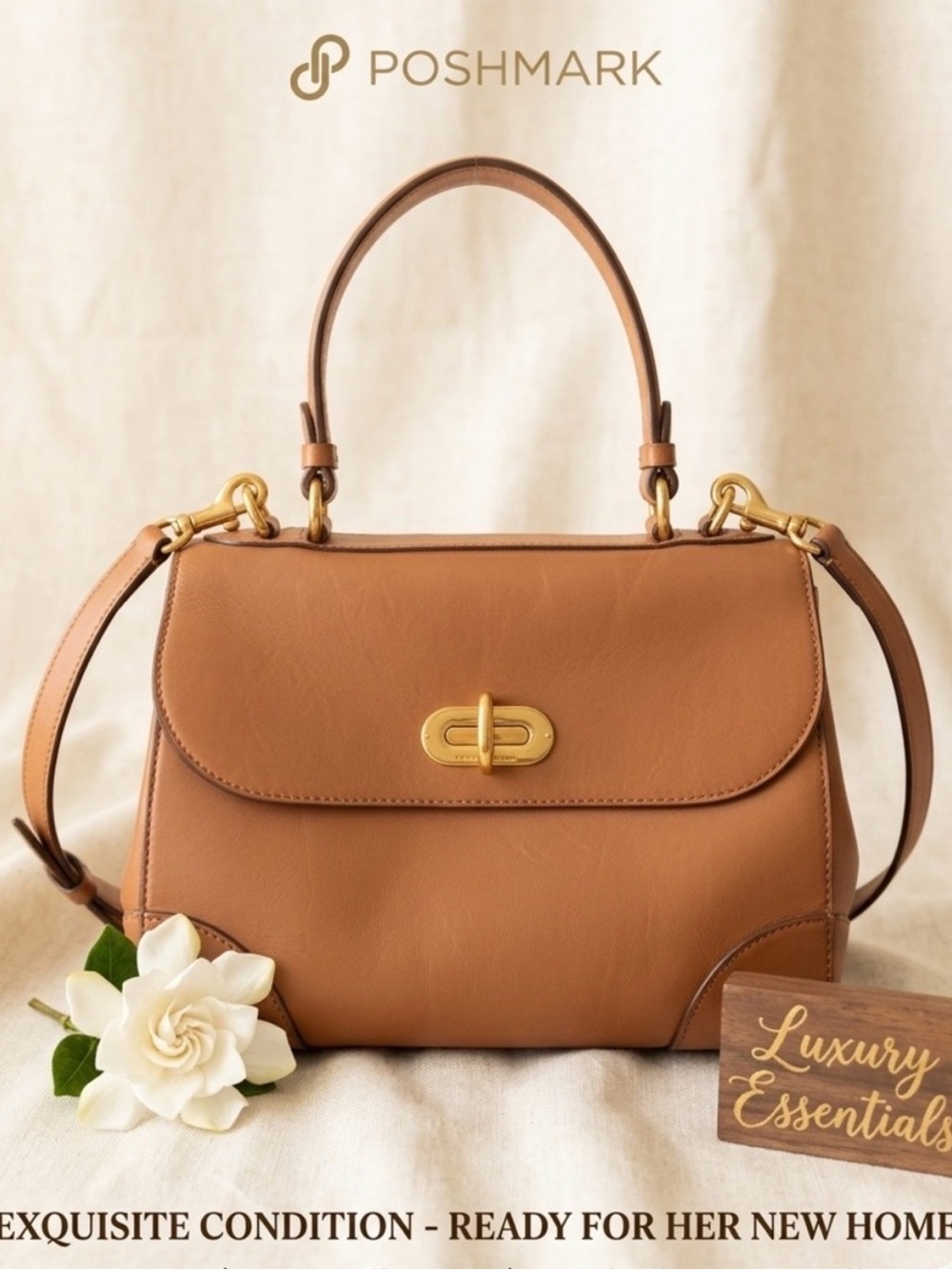 🌟Authentic Ralph Lauren Collection Calfskin Tiffin 27 Satchel Bag - Cognac Tan🌟